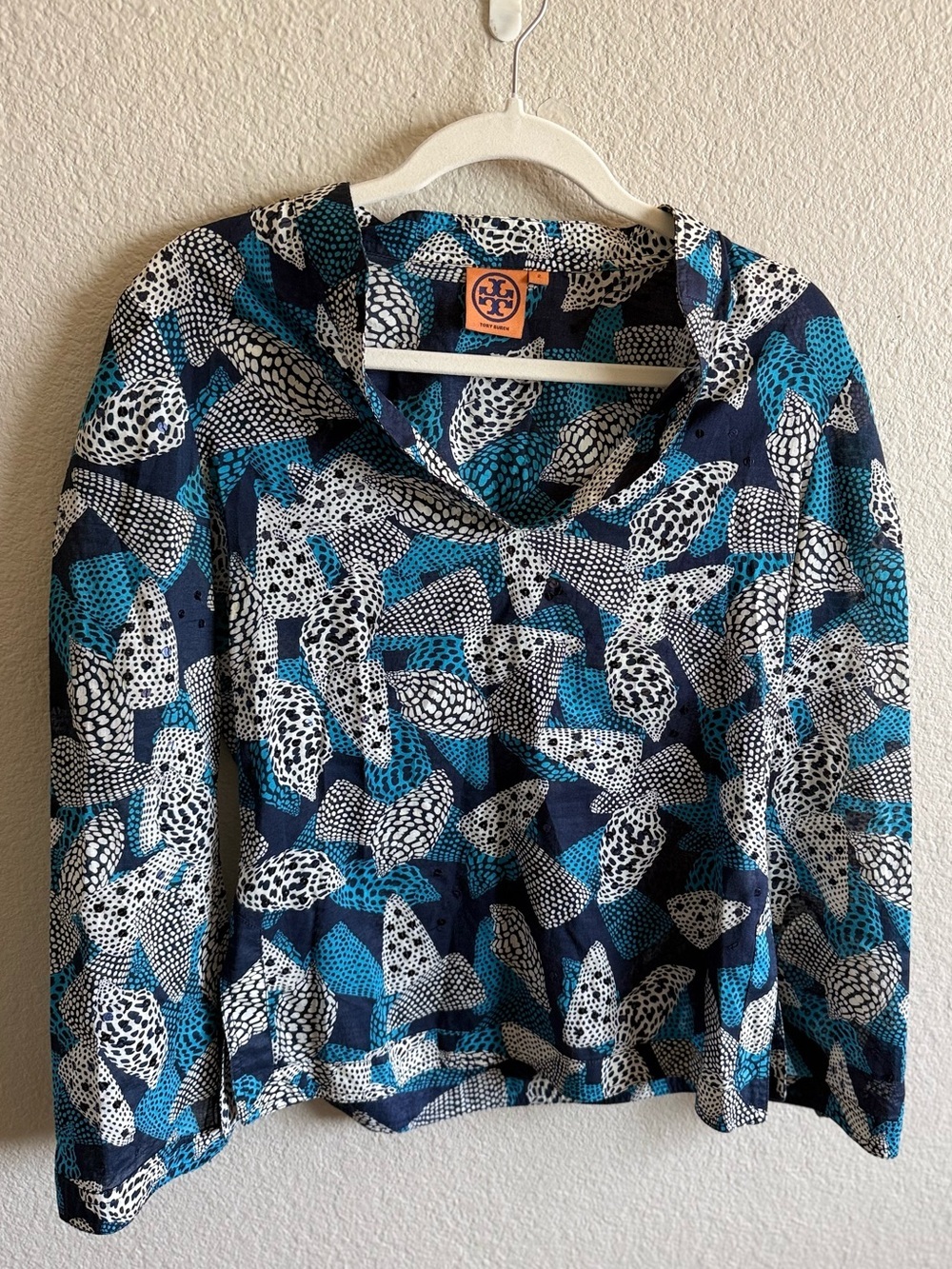 Tory Burch Blue Cotton Seashell Print Sequin Top Size 2 Coastal Grandma Summer - Picture 2 of 9